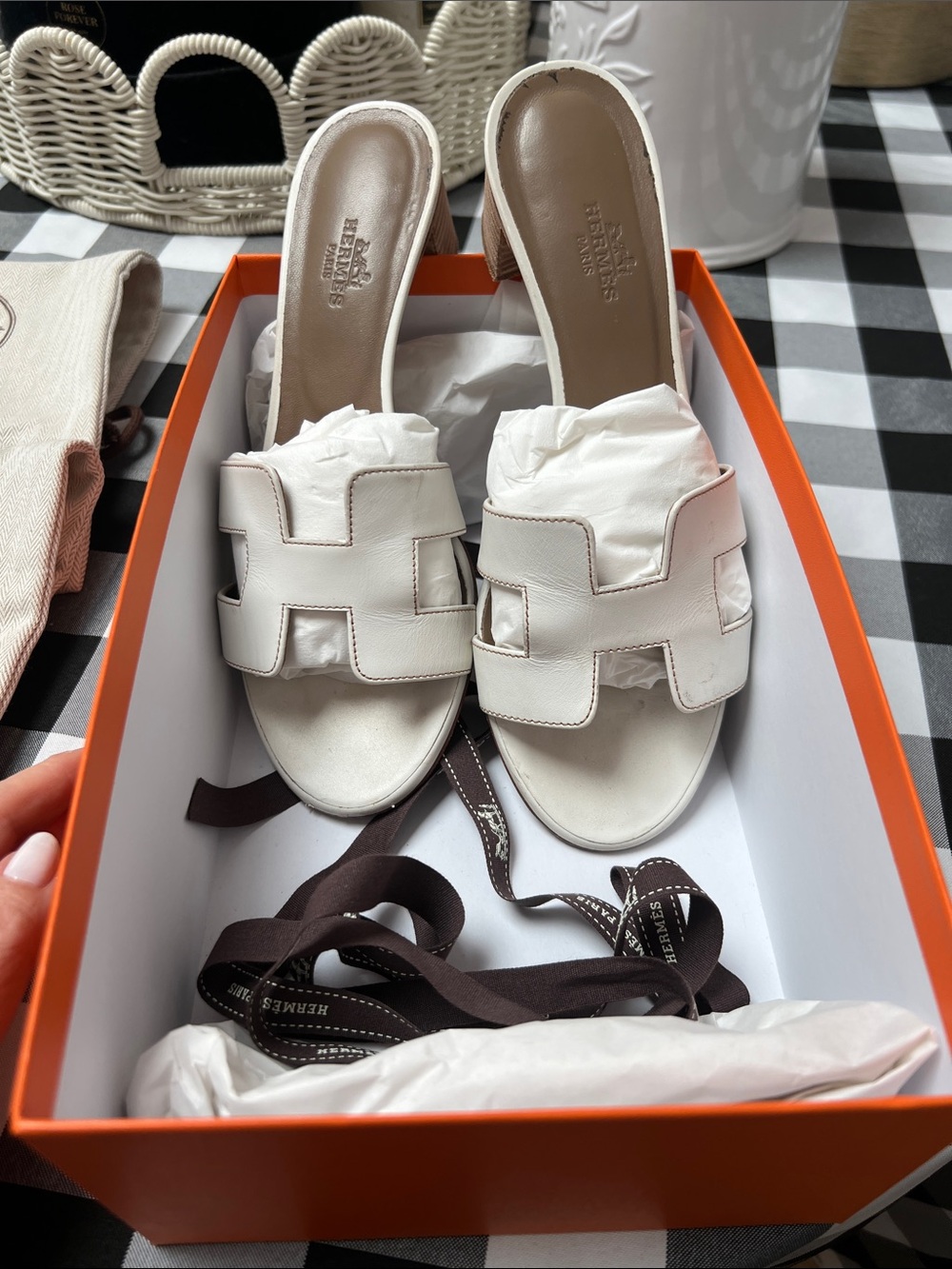 Hermes White Oran Leather Slide Mules